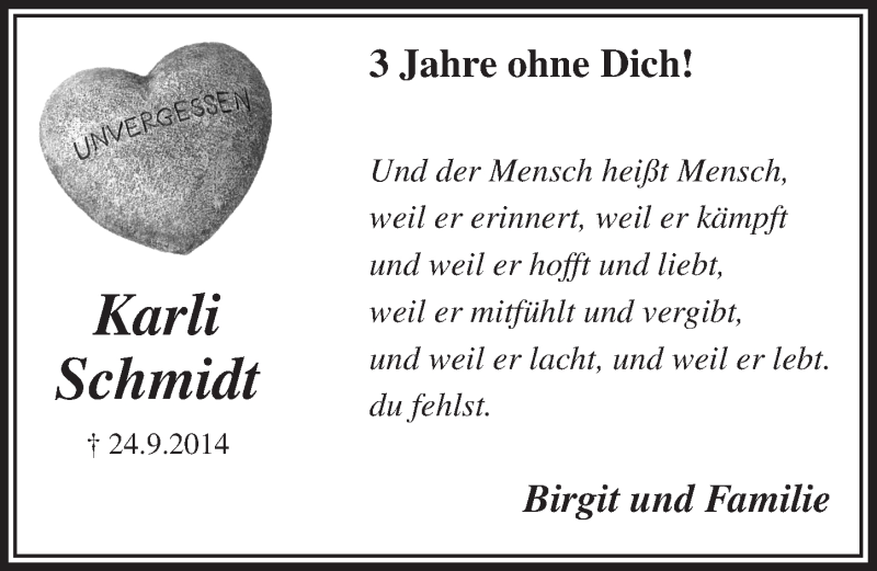  Traueranzeige für Karli Schmidt vom 20.09.2017 aus  Lokalanzeiger 