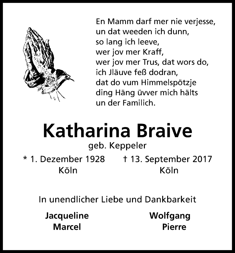  Traueranzeige für Katharina Braive vom 20.09.2017 aus Kölner Stadt-Anzeiger / Kölnische Rundschau / Express