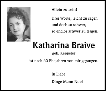 Anzeige von Katharina Braive von Kölner Stadt-Anzeiger / Kölnische Rundschau / Express