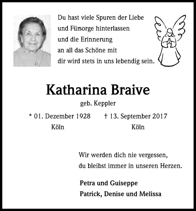  Traueranzeige für Katharina Braive vom 19.09.2017 aus Kölner Stadt-Anzeiger / Kölnische Rundschau / Express
