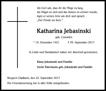 Anzeige von Katharina Jebasinski von Kölner Stadt-Anzeiger / Kölnische Rundschau / Express