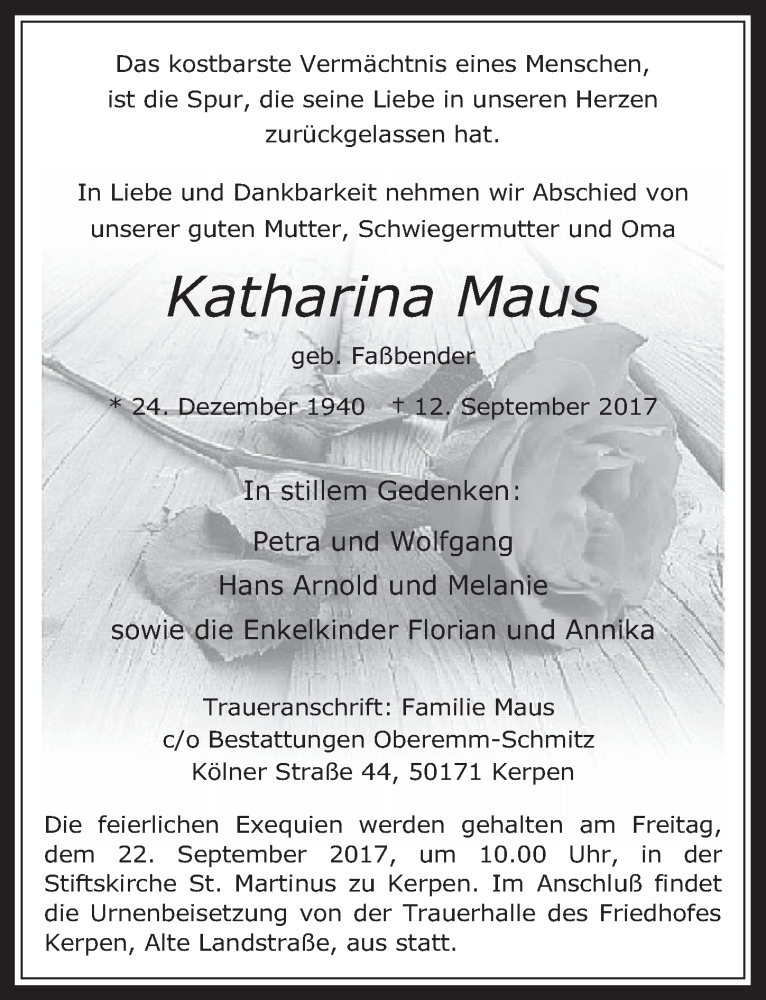  Traueranzeige für Katharina Maus vom 20.09.2017 aus  Werbepost 