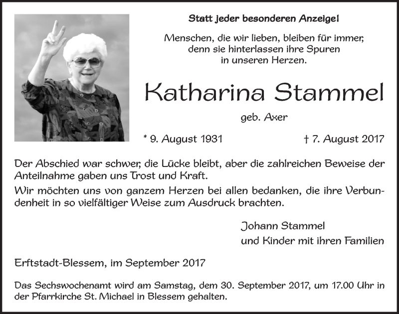  Traueranzeige für Katharina Stammel vom 13.09.2017 aus  Werbepost 