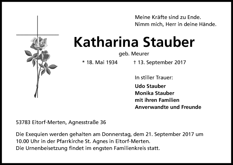  Traueranzeige für Katharina Stauber vom 19.09.2017 aus Kölner Stadt-Anzeiger / Kölnische Rundschau / Express