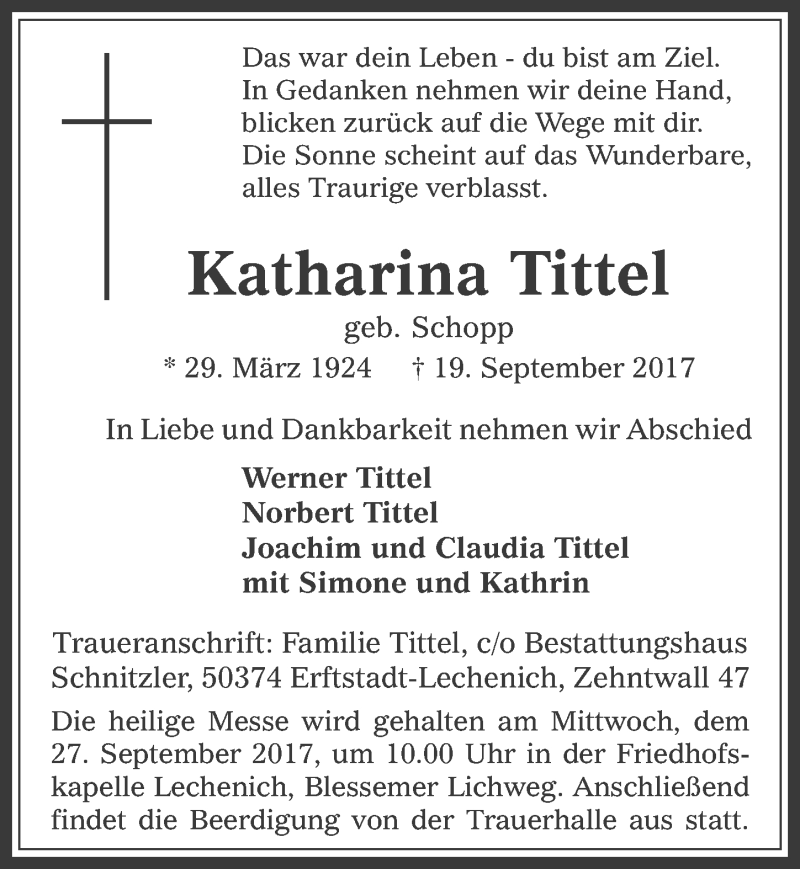  Traueranzeige für Katharina Tittel vom 23.09.2017 aus  Sonntags-Post 