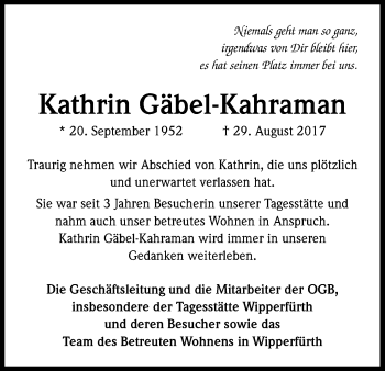 Anzeige von Kathrin Gäbel-Kahraman von Kölner Stadt-Anzeiger / Kölnische Rundschau / Express