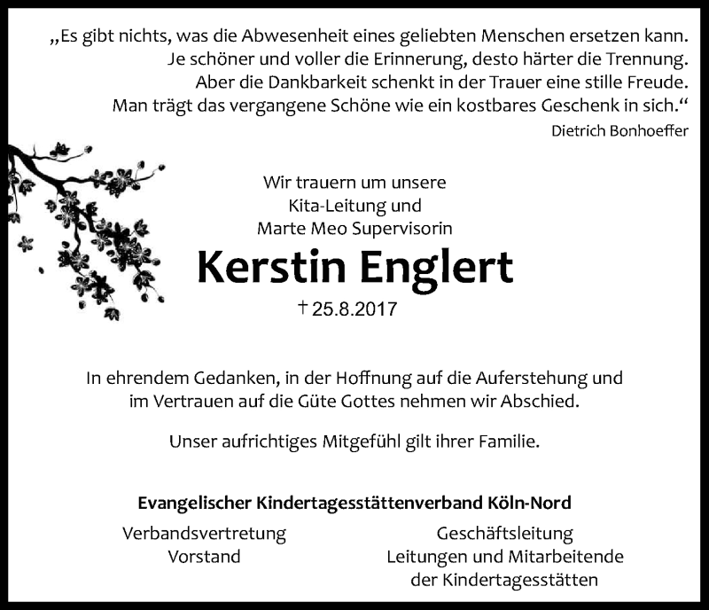  Traueranzeige für Kerstin Englert vom 02.09.2017 aus Kölner Stadt-Anzeiger / Kölnische Rundschau / Express