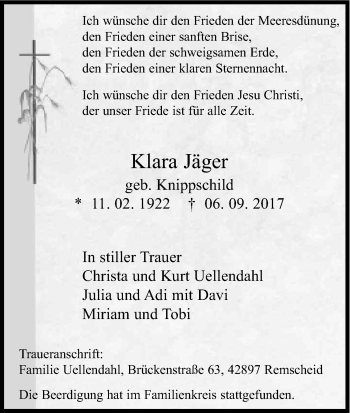Anzeige von Klara Jäger von Kölner Stadt-Anzeiger / Kölnische Rundschau / Express