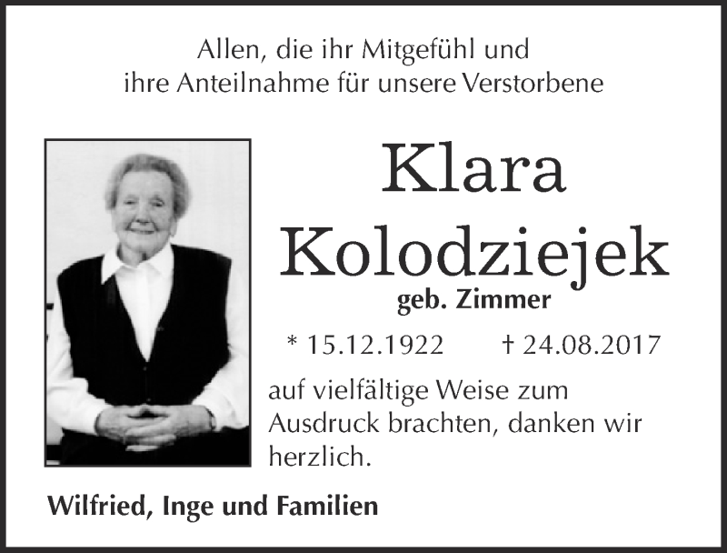  Traueranzeige für Klara Kolodziejek vom 09.09.2017 aus  Blickpunkt Euskirchen 