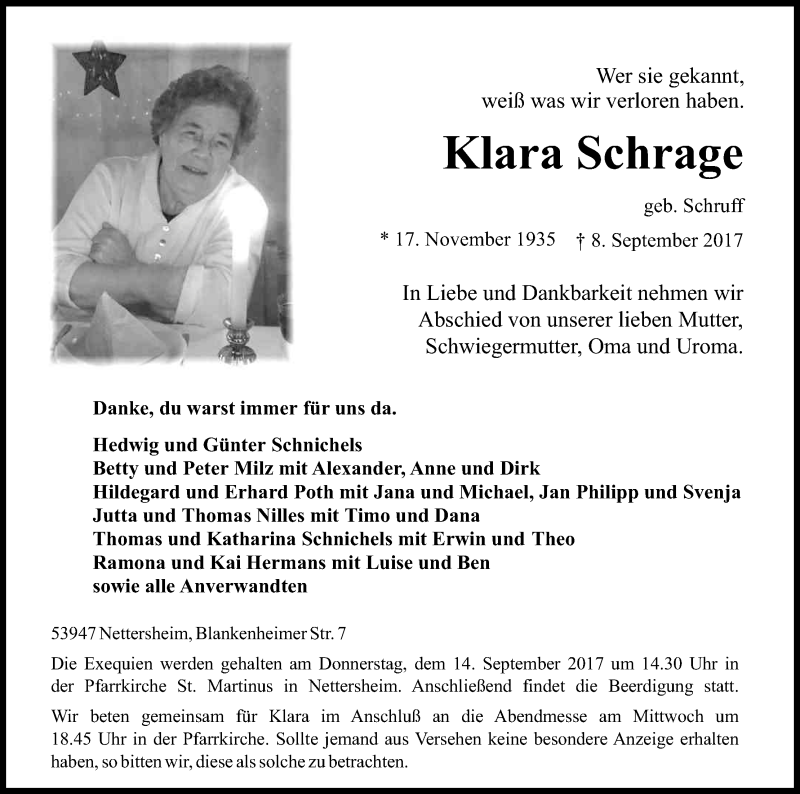  Traueranzeige für Klara Schrage vom 12.09.2017 aus Kölner Stadt-Anzeiger / Kölnische Rundschau / Express