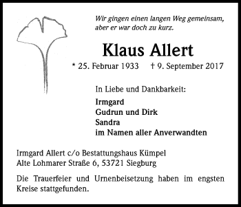 Anzeige von Klaus Allert von Kölner Stadt-Anzeiger / Kölnische Rundschau / Express