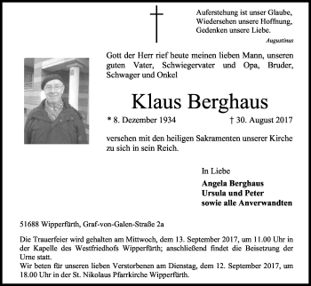 Anzeige von Klaus Berghaus von Kölner Stadt-Anzeiger / Kölnische Rundschau / Express