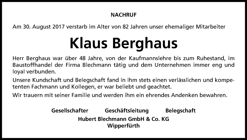  Traueranzeige für Klaus Berghaus vom 16.09.2017 aus Kölner Stadt-Anzeiger / Kölnische Rundschau / Express
