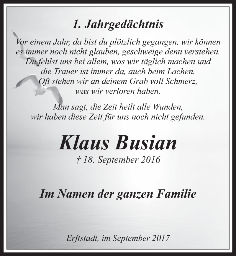  Traueranzeige für Klaus Busian vom 20.09.2017 aus  Werbepost 