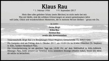 Anzeige von Klaus Rau von Kölner Stadt-Anzeiger / Kölnische Rundschau / Express