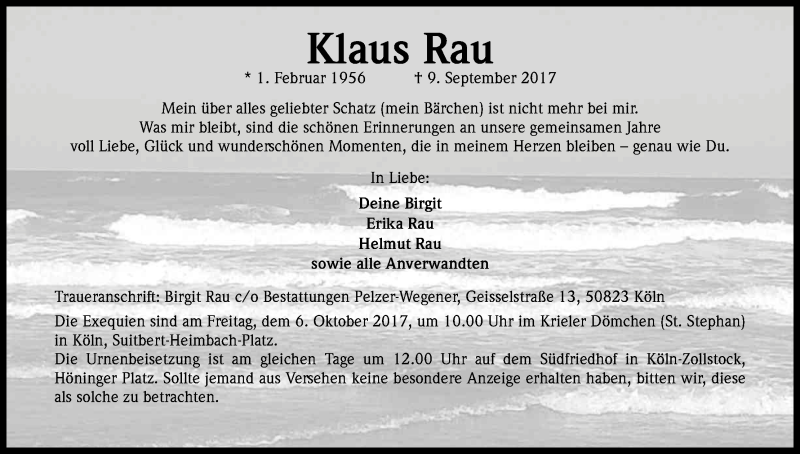  Traueranzeige für Klaus Rau vom 30.09.2017 aus Kölner Stadt-Anzeiger / Kölnische Rundschau / Express