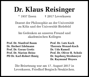 Anzeige von Klaus Reisinger von Kölner Stadt-Anzeiger / Kölnische Rundschau / Express