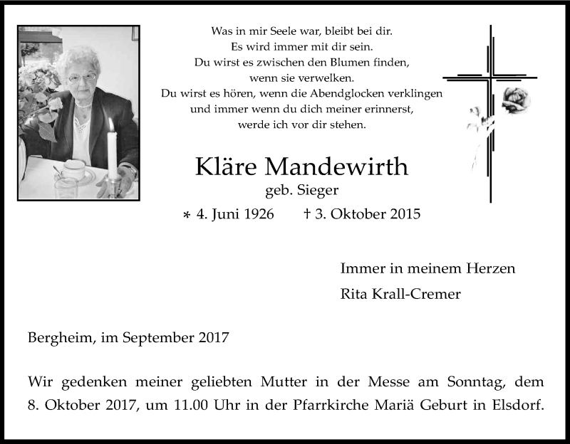  Traueranzeige für Kläre Mandewirth vom 18.07.2023 aus Kölner Stadt-Anzeiger / Kölnische Rundschau / Express