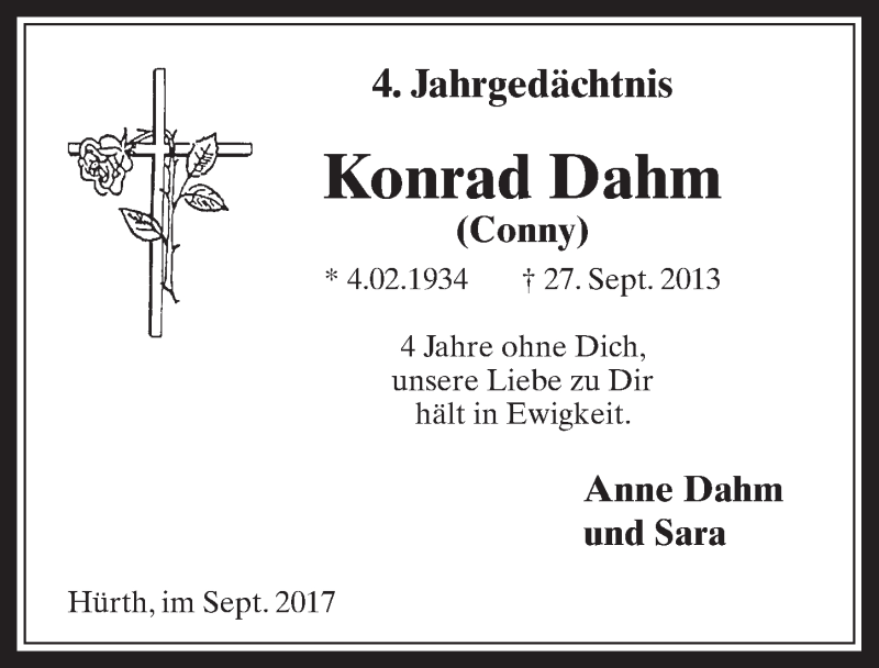  Traueranzeige für Konrad Dahm vom 27.09.2017 aus  Wochenende 