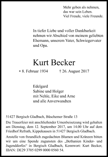 Anzeige von Kurt Becker von Kölner Stadt-Anzeiger / Kölnische Rundschau / Express
