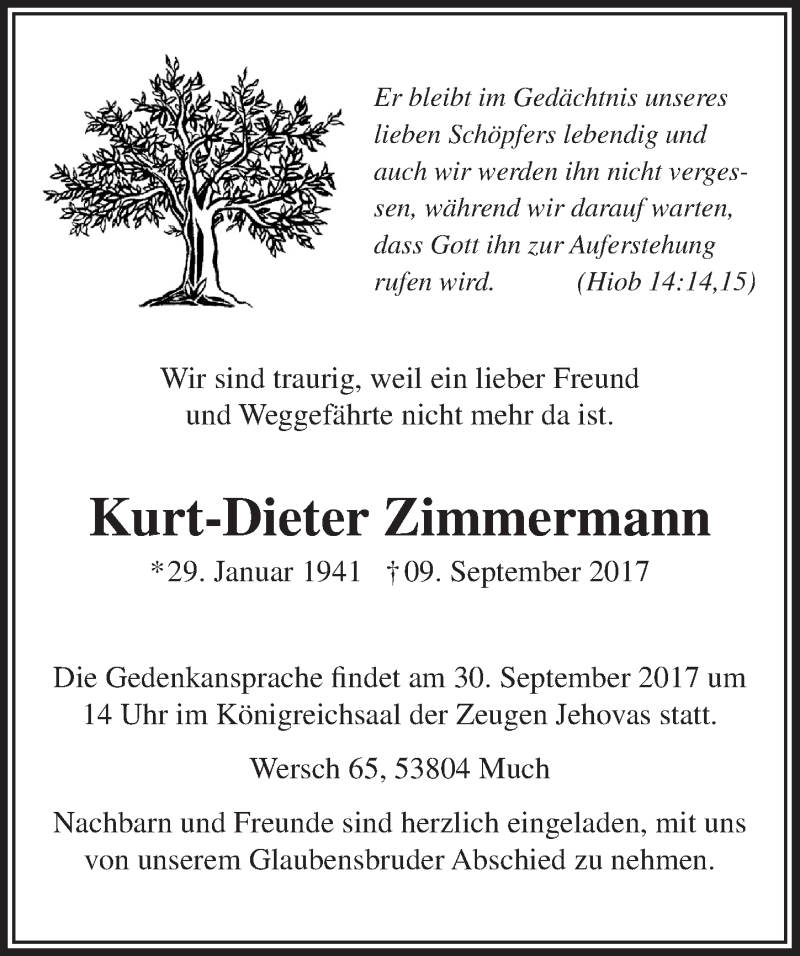  Traueranzeige für Kurt-Dieter Zimmermann vom 20.09.2017 aus  Anzeigen Echo 