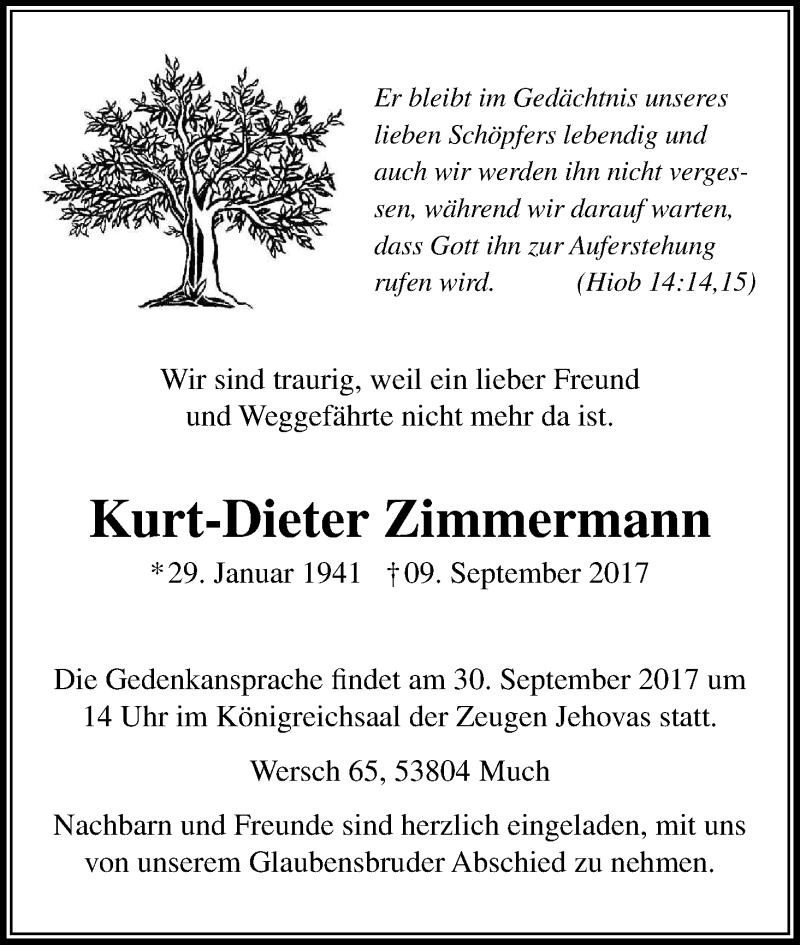  Traueranzeige für Kurt-Dieter Zimmermann vom 16.09.2017 aus Kölner Stadt-Anzeiger / Kölnische Rundschau / Express