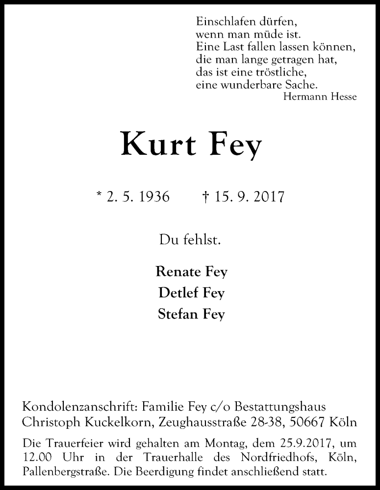  Traueranzeige für Kurt Fey vom 21.09.2017 aus Kölner Stadt-Anzeiger / Kölnische Rundschau / Express