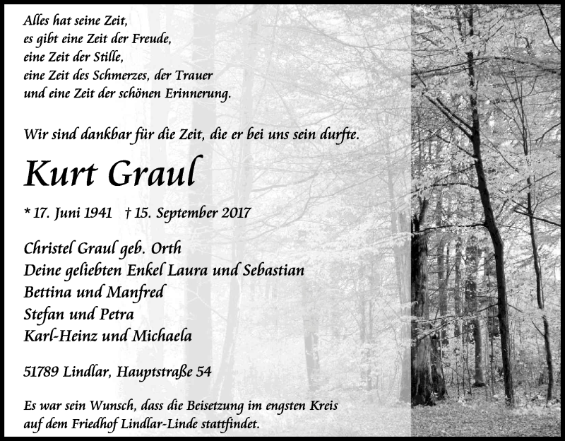  Traueranzeige für Kurt Graul vom 20.09.2017 aus Kölner Stadt-Anzeiger / Kölnische Rundschau / Express