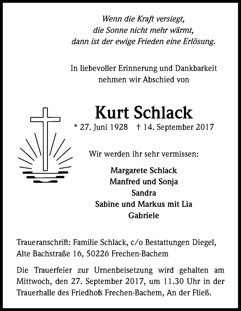  Traueranzeige für Kurt Schlack vom 23.09.2017 aus Kölner Stadt-Anzeiger / Kölnische Rundschau / Express