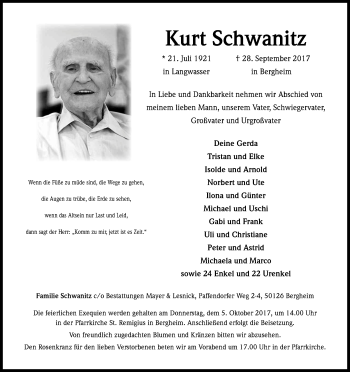 Anzeige von Kurt Schwanitz von Kölner Stadt-Anzeiger / Kölnische Rundschau / Express