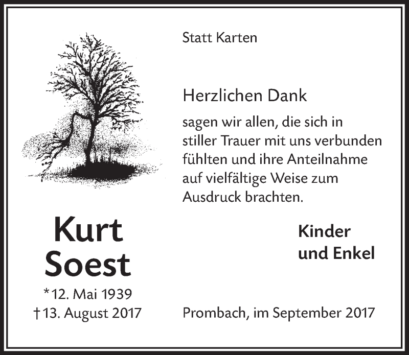  Traueranzeige für Kurt Soest vom 20.09.2017 aus  Lokalanzeiger 