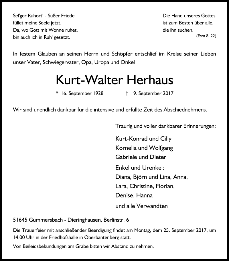  Traueranzeige für Kurt-Walter Herhaus vom 23.09.2017 aus Kölner Stadt-Anzeiger / Kölnische Rundschau / Express