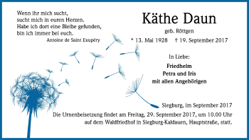 Anzeige von Käthe Daun von Kölner Stadt-Anzeiger / Kölnische Rundschau / Express