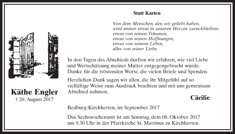  Traueranzeige für Käthe Engler vom 23.09.2017 aus  Sonntags-Post 