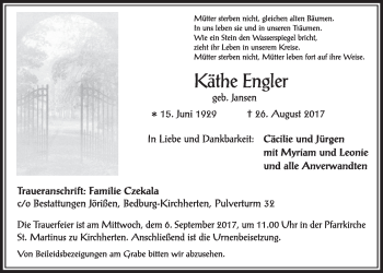 Anzeige von Käthe Engler von  Sonntags-Post 