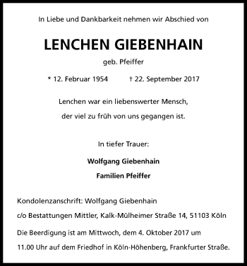 Anzeige von Lenchen Giebenhain von Kölner Stadt-Anzeiger / Kölnische Rundschau / Express