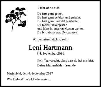 Anzeige von Leni Hartmann von Kölner Stadt-Anzeiger / Kölnische Rundschau / Express