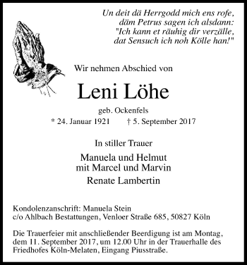 Anzeige von Leni Löhe von Kölner Stadt-Anzeiger / Kölnische Rundschau / Express