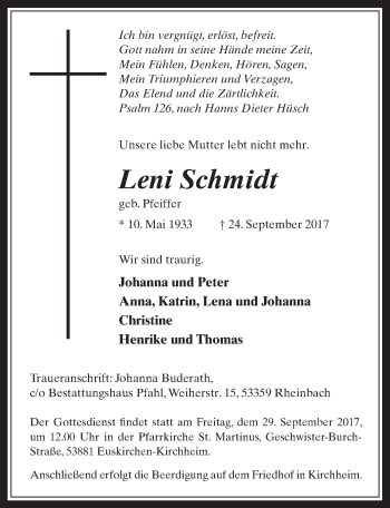 Anzeige von Leni Schmidt von  Schaufenster/Blickpunkt 