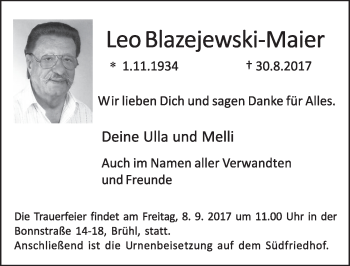 Anzeige von Leo Blazejewski-Maier von  Schlossbote/Werbekurier 