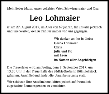 Anzeige von Leo Lohmaier von Kölner Stadt-Anzeiger / Kölnische Rundschau / Express