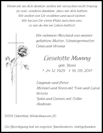 Anzeige von Lieselotte Munny von Kölner Stadt-Anzeiger / Kölnische Rundschau / Express