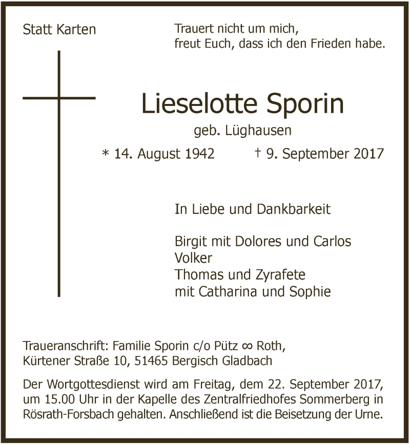  Traueranzeige für Lieselotte Sporin vom 16.09.2017 aus  Bergisches Sonntagsblatt 