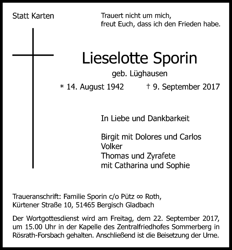  Traueranzeige für Lieselotte Sporin vom 16.09.2017 aus Kölner Stadt-Anzeiger / Kölnische Rundschau / Express