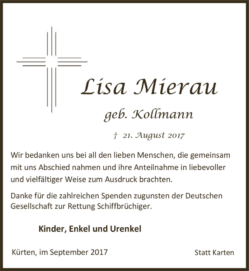  Traueranzeige für Lisa Mierau vom 27.09.2017 aus  Bergisches Handelsblatt 