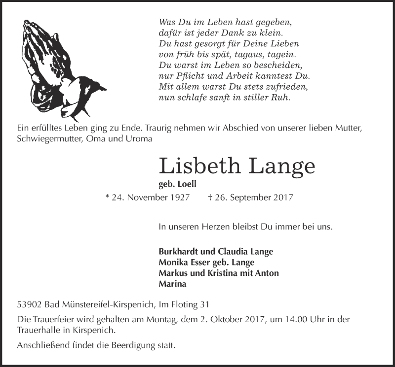  Traueranzeige für Lisbeth Lange vom 30.09.2017 aus  Blickpunkt Euskirchen 