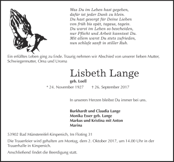 Anzeige von Lisbeth Lange von  Blickpunkt Euskirchen 