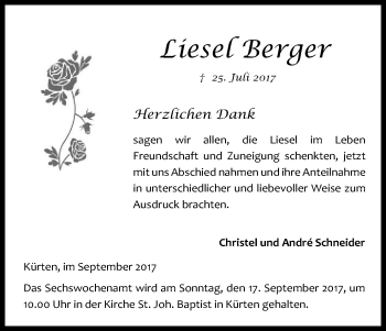 Anzeige von Lisel Berger von Kölner Stadt-Anzeiger / Kölnische Rundschau / Express