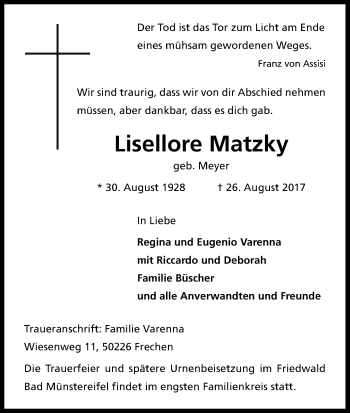 Anzeige von Lisellore Matzky von Kölner Stadt-Anzeiger / Kölnische Rundschau / Express