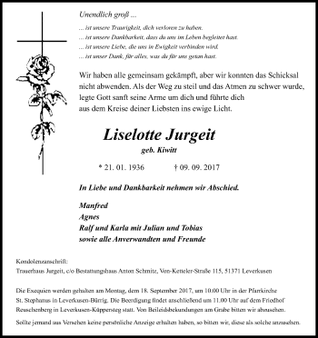 Anzeige von Liselotte Jurgeit von Kölner Stadt-Anzeiger / Kölnische Rundschau / Express